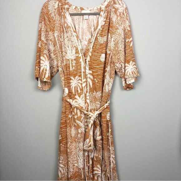 DESMOND & DEMPSEY x H&M | Landscape Caftan Midi Dress Belted Women’s Size Large - Picture 4 of 15